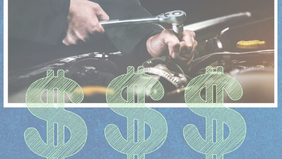 Image of mechanic turning socket wrench with dollar signs on the bottom to signify savings.