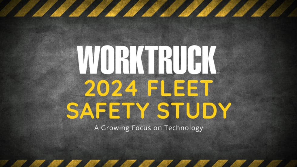 a black and yellow themed construction image that says Work Truck 2024 Fleet Safety Study, a growing focus on technology.