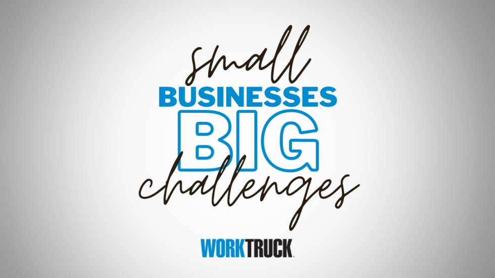 Large font with small business big challenges, work truck. 