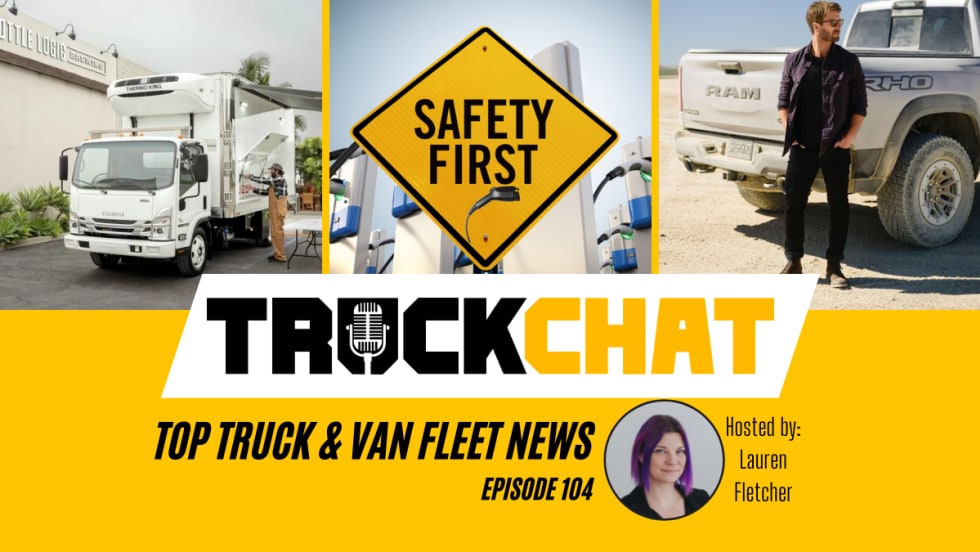 Collage image that shows new Isuzu Craft Beer Truck, a sign that says safety first in front of electric charges, and actor Glen Powell in front of a Ram Truck. 