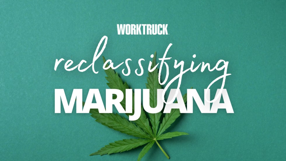Image of marijuana leaves with "reclassifying marijuana" in print