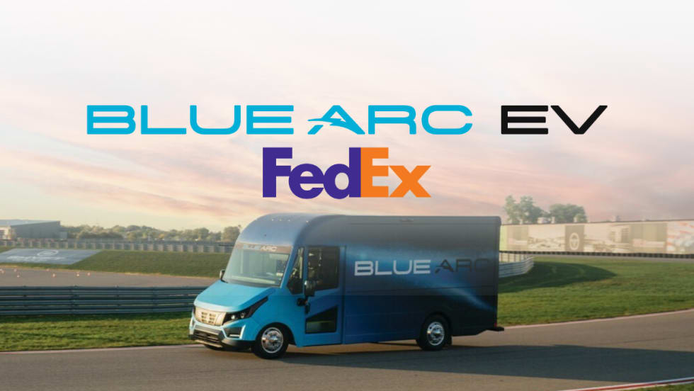 A Blue Arc EV van on a road with FedEx and Blue Arc EV logos