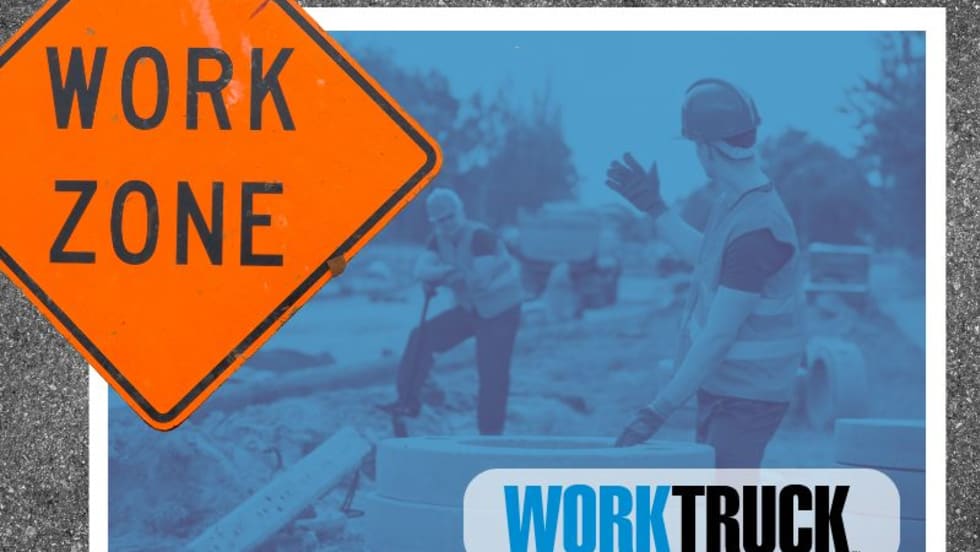 Collage of photos showing an orange work zone sign and roadside workers in another image.