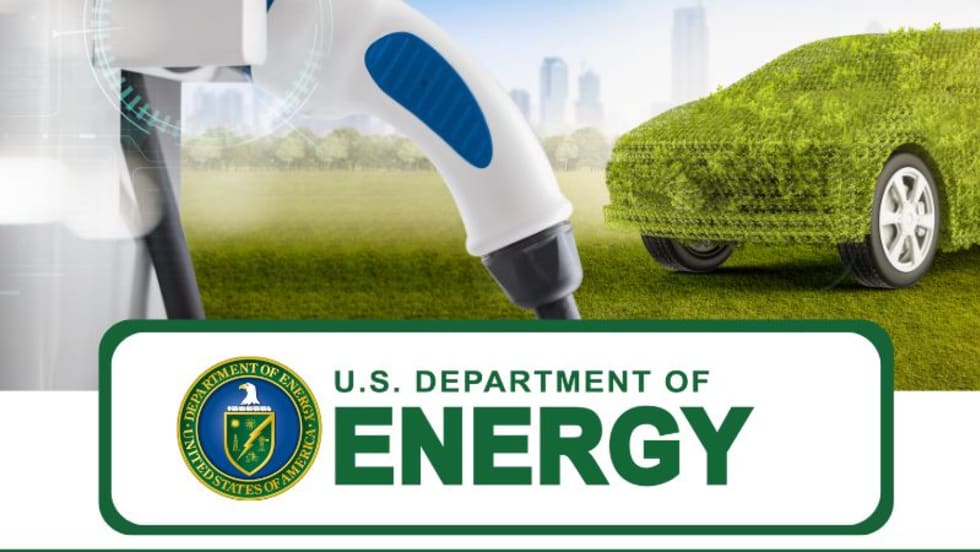 Image of electric vehicle charger, a car covered in leaves, and Department of Energy logo at the bottom.