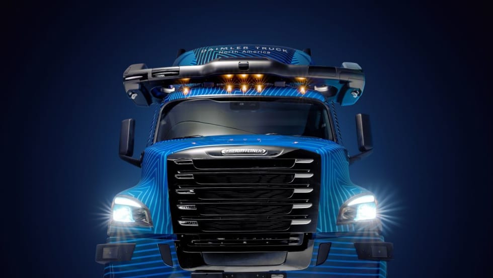 Front view of new autonomous  battery electric Freightliner eCascadia