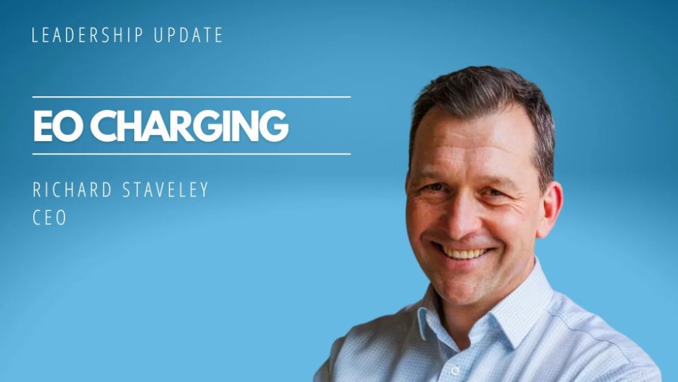 Man is shown in blue shirt in front of a blue background with name, Richard Staveley, and words that say Leadership Update.