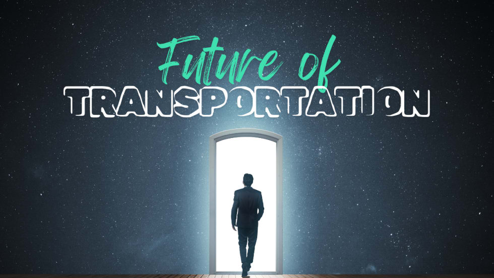 Starry wall with open door and man walking through under words that say Future of Transportation.