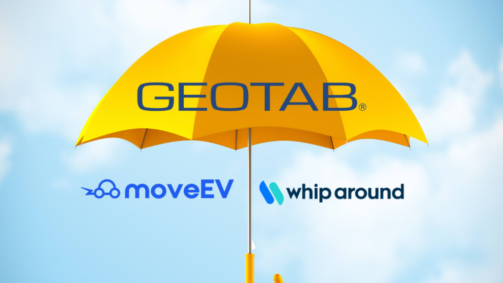 Yellow umbrella on sky background with Geotab on umbrella and MoveEV and Whip Around below. 
