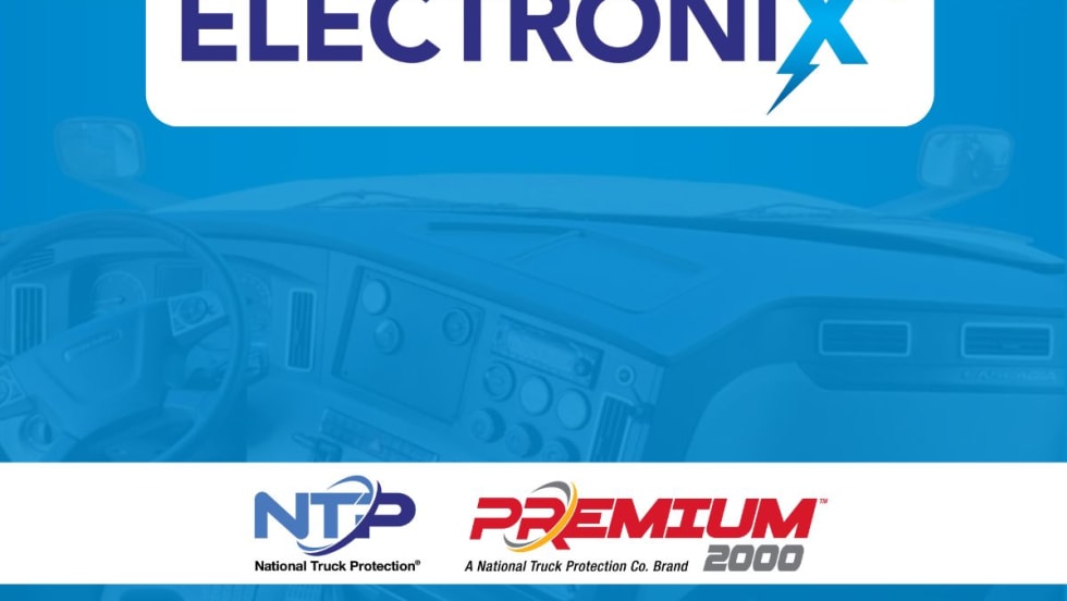 Electronix logo up top against a white background, with image of a truck cab as the background image and NTL and Premium 2000 logos at the bottom.