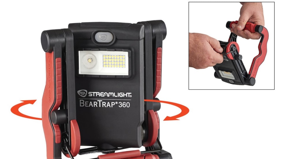 Two images are shown of a red and black shop light from Streamlight.