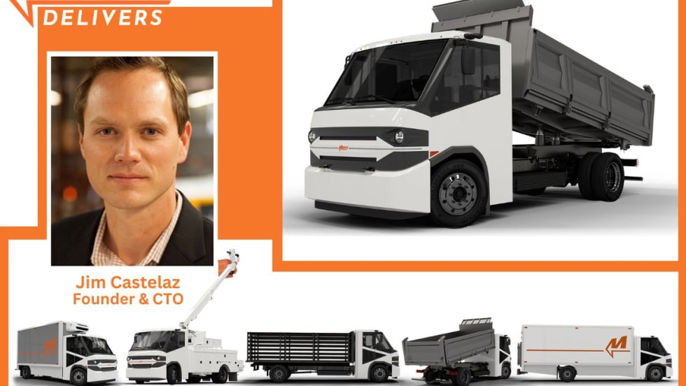 A collage of white battery-electric trucks is shown, with inset photo of the company's founder.