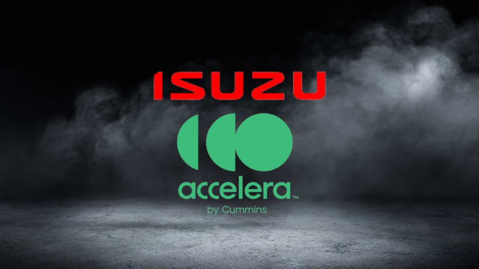 Black smoky background with Isuzu and Accelera logos