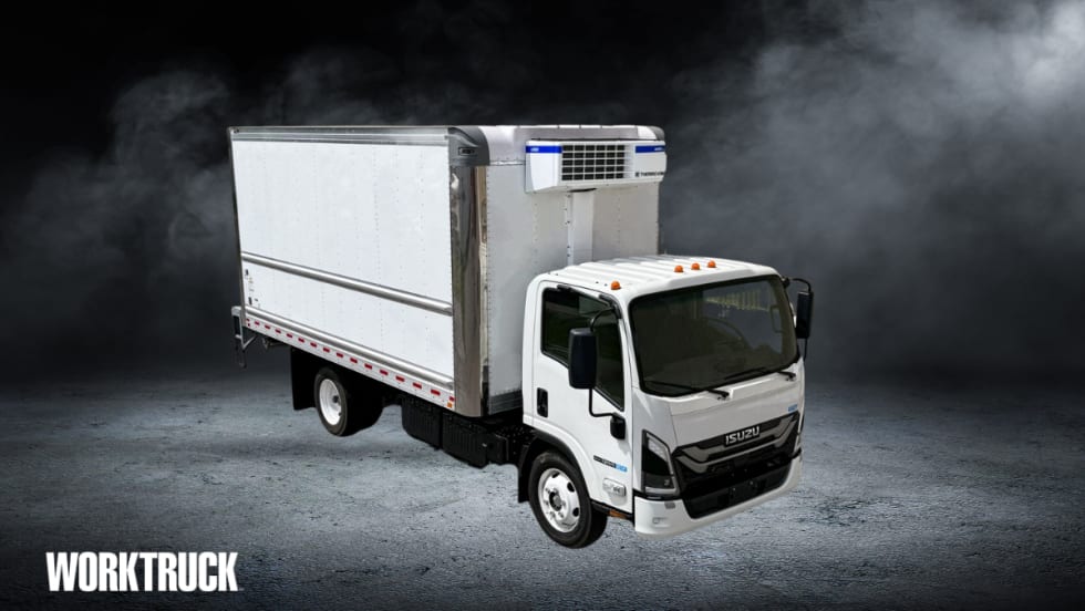 A white electric Isuzu NRR EV with Thermo King e300 reefer