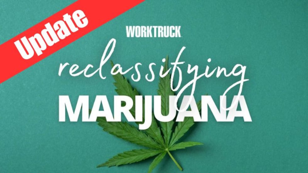 green background with marijuana leaf and white lettering that says Work Truck, reclassifying marijuana. There is a red diagonal stripe top left with letters that say update