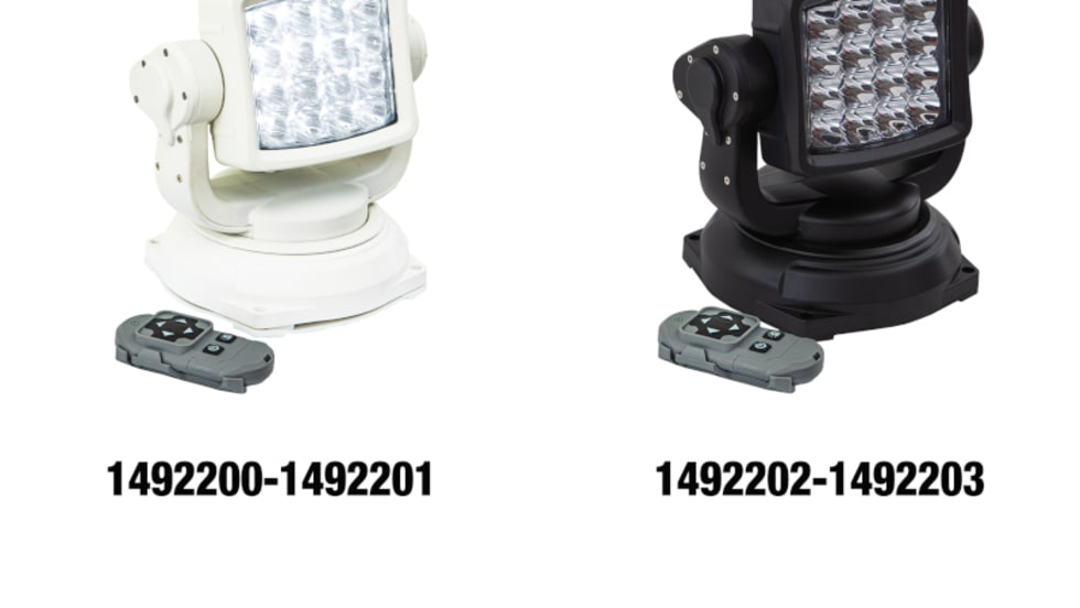 Image of two mounted spotlights, one white and one black, with each having a wireless remote.
