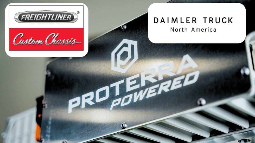 A photo of a Proterra Powered battery and logos from Daimler Truck North America and Freightliner Custom Chassis.