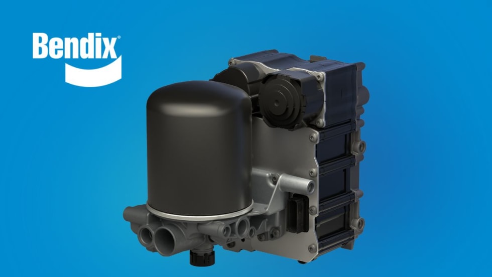 Blue background with white Bendix logo upper left, and dark gray piece of machinery in the middle.