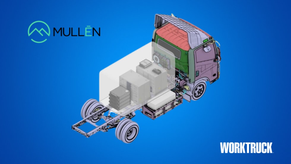 Mullen power UP all-electric mobile EV charging truck illustration on blue background