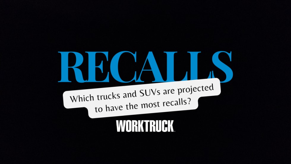 Black background with blue Recalls and question, "which trucks and SUVs are projected to have the most recalls?"