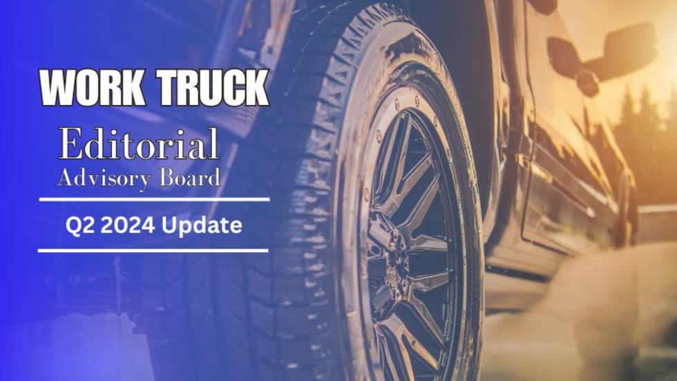 Image of truck tire, with bold tint on right of image and blue tint on left of the image. Wording in white text in left third of the image reads Work Truck, Editorial Advisory Board, Q2 2024 Update.