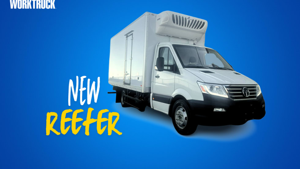 The New REEFERX all-electric reefer truck from GreenPower in white on a blue background.