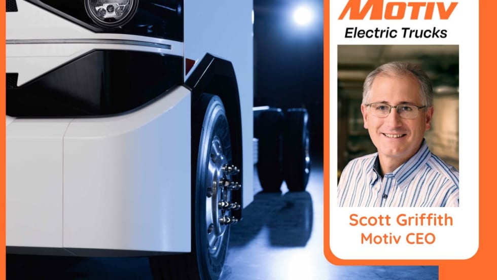 closeup of the front corner of a while electric truck with inset photos of Motive CEO.