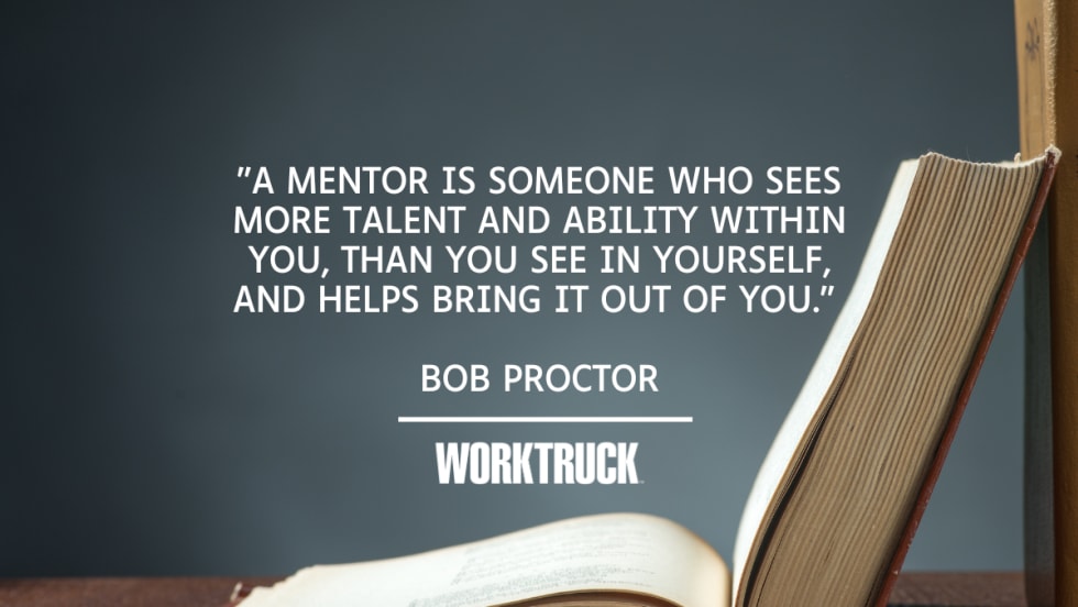 Gray background with book and quote: "A mentor is someone who sees more talent and ability within you, than you see in yourself, and helps bring it out of you," from Bob Proctor.