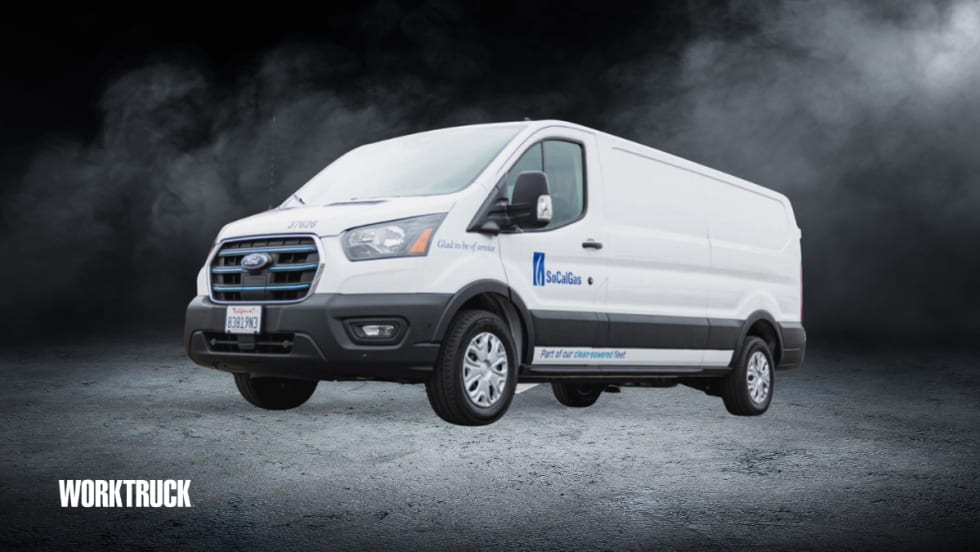 A white Ford E-Transit electric van with SoCalGas branding