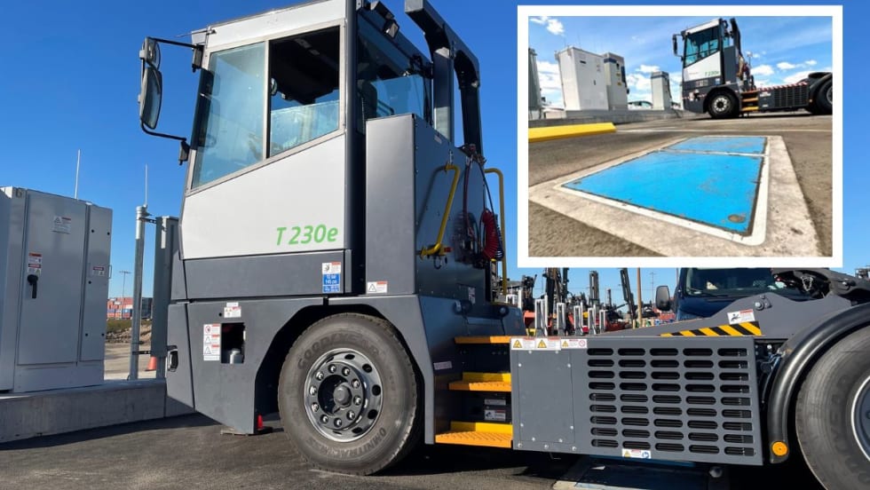 Image shows a white terminal truck with an inset image that shows a blue metal plate in the ground for wireless charging and a truck in the background