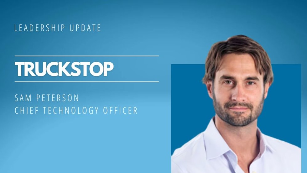 A man on a blue background wearing an unbuttoned shirt. Text explains he is Sam Peterson, DVO of Truckstop.