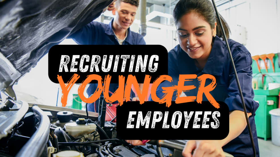 Younger technicians with Recruiting Younger Employees in text on top
