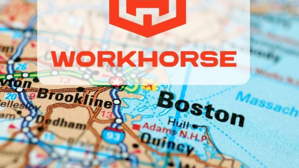 Workhorse logo in orange, background map showing Boston.