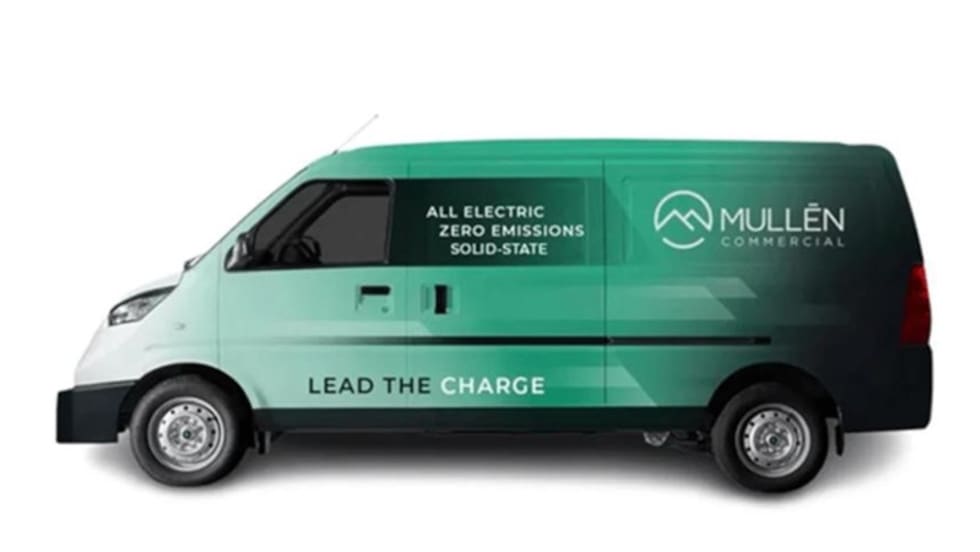 Electric van with 'Mullen Commercial' logo.