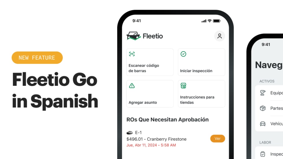 Screenshots of two smartphones displaying the Fleetio Go app in Spanish.