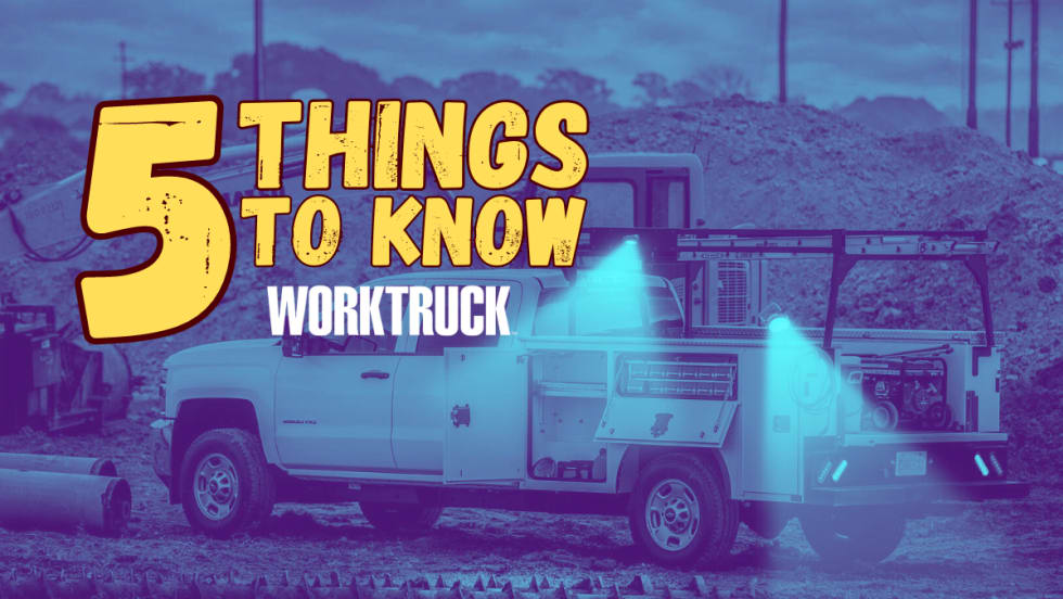 Blue-toned image of work truck shining lights on a jobsite with title 5 Things To Know and a Work Truck logo.