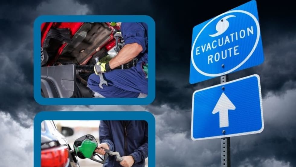 Images of hurricane evacuation sign, person fueling a car, technician working on vehicle.