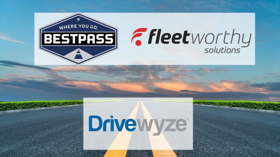 Road scene with logos for Bestpass, Fleetworthy Solutions, and Drivewyze