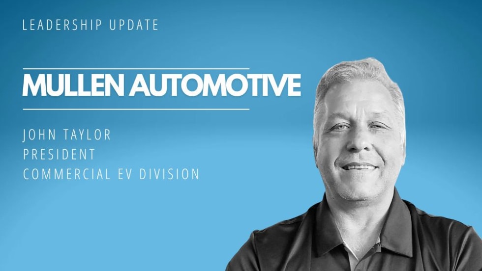 Blue background with inset photo of man, John Taylor of Mullen Automotive.