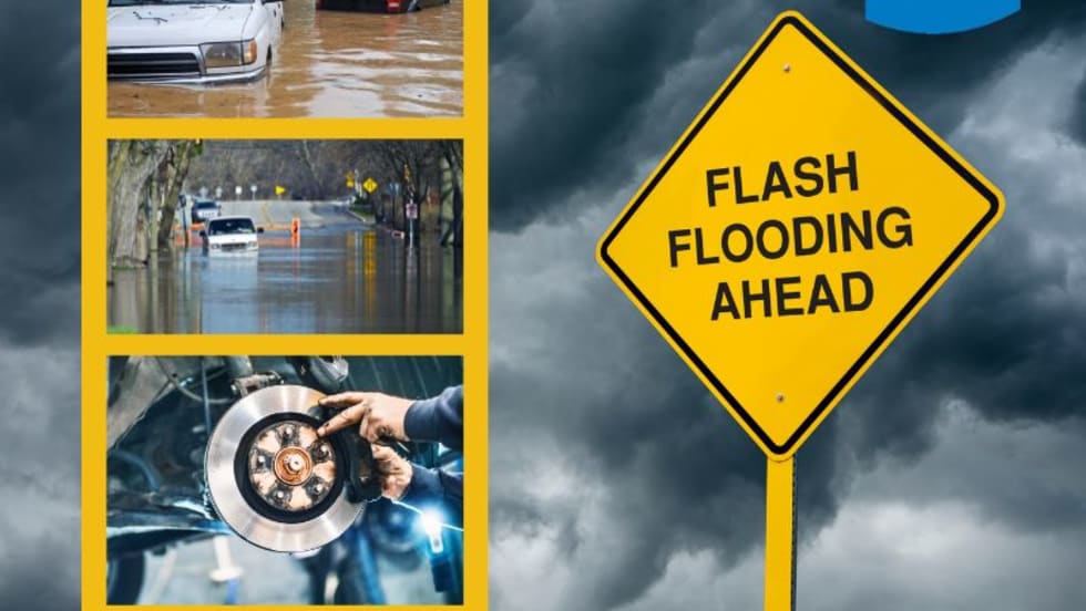 Background image of storm clouds with Flash Flooding Ahead sign and three inset photos - two of trucks in flooded areas and one of mechanic working on brakes
