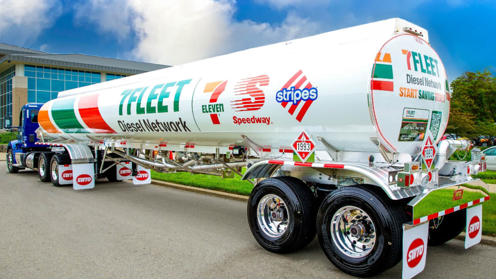 Fuel tanker truck parked in a parking lot.