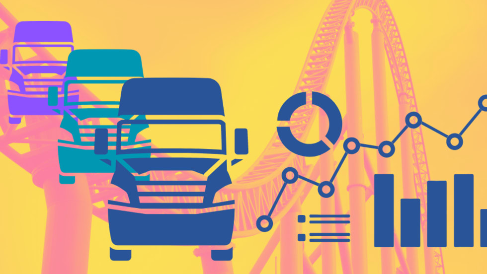 Illustration of rollercoaster, trucks, and data charts and graphs.