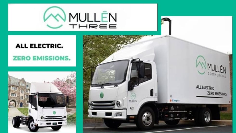 Two images of battery electric trucks and Mullen Automotive logo.