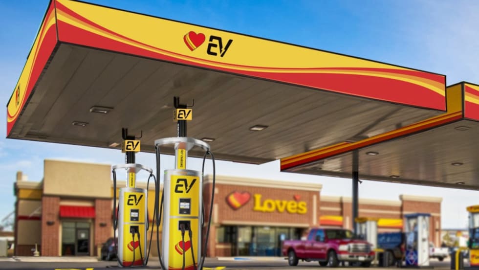 Photo of a Love's fueling station with two EV chargers under a roof covering the fueling area.