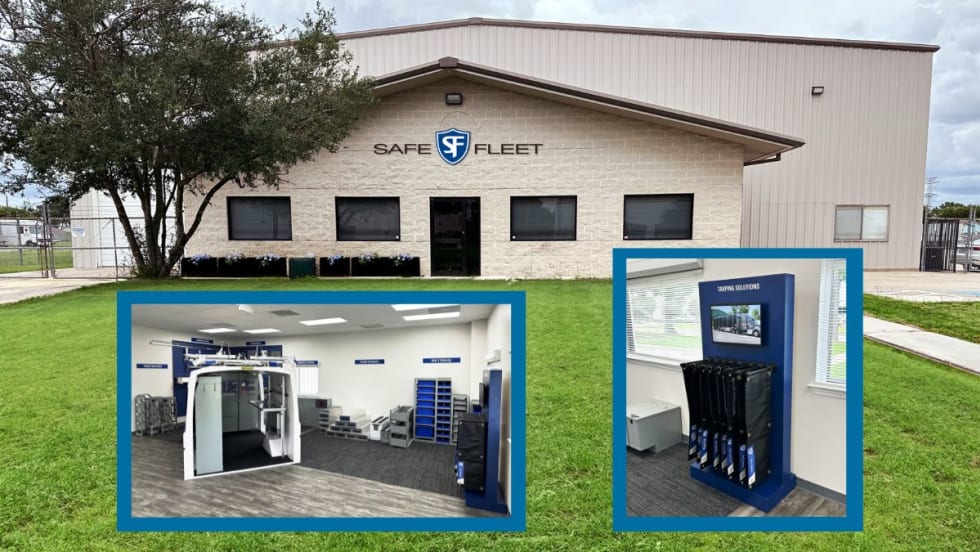 The front view of a building featuring a prominent sign that reads "Safe Fleet," and inset photos of displays inside the building.
