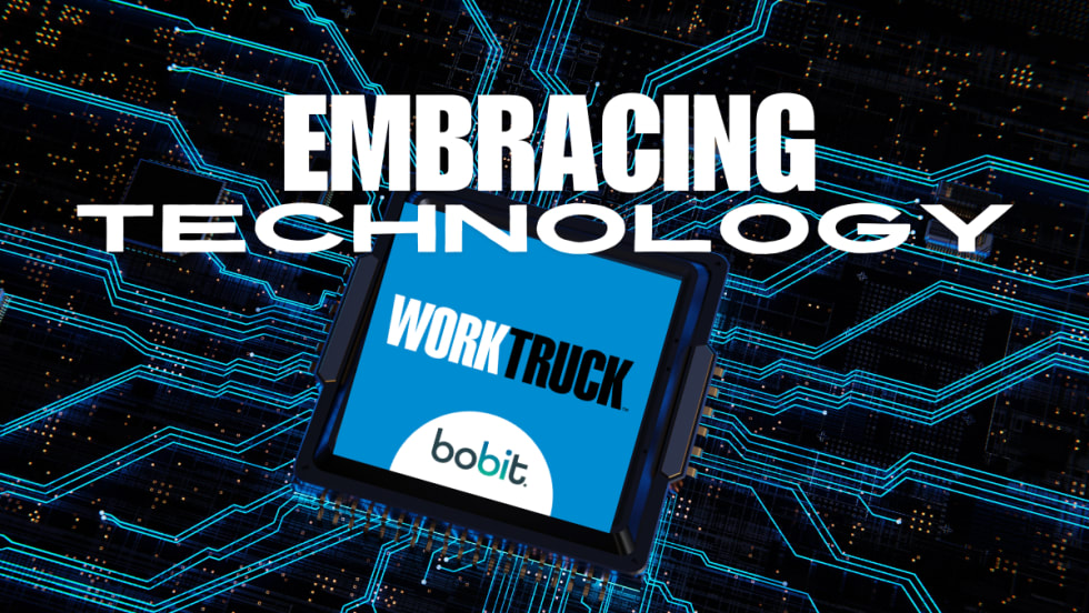 EMBRACING TECHNOLOGY with Work Truck Logo on technology background.