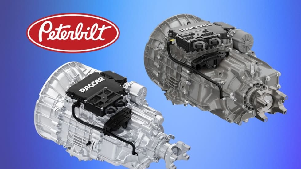 Two truck transmissions on a blue background with a red Peterbilt logo.