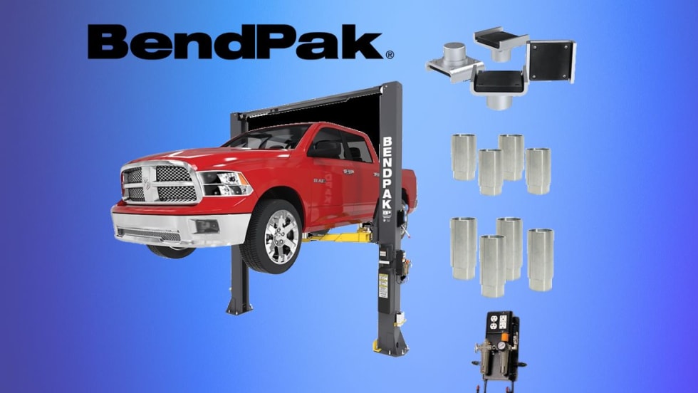 Red pickup truck on a two-post automotive lift with logo on background for BendPak.