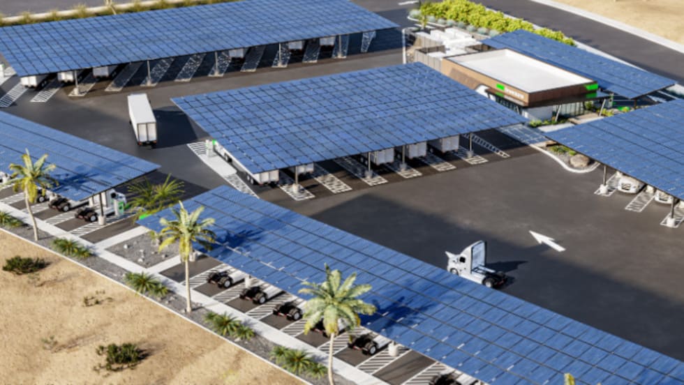 A solar-powered parking lot featuring solar panels on canopies, providing shade and renewable energy for vehicles.