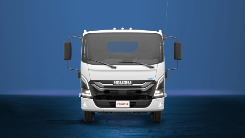 Isuzu NRR-EV on blue background
