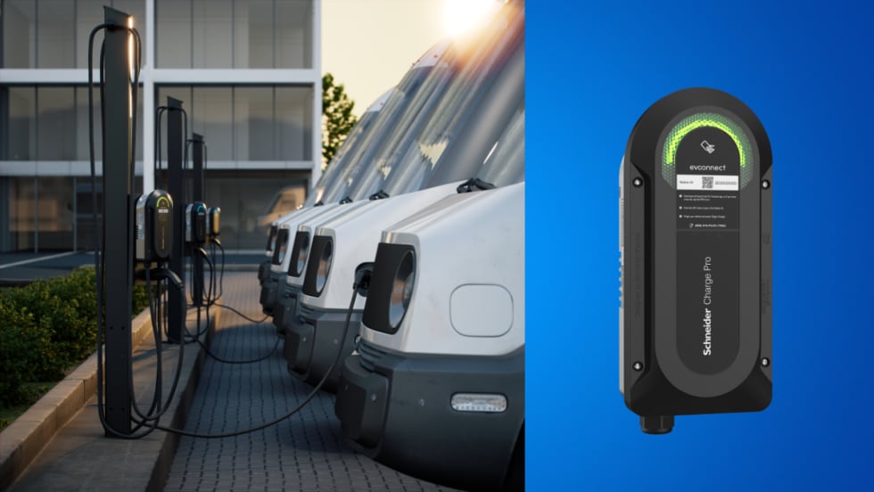 Schneider Electric Charting station charging electric vans with full size image of charger